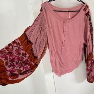 Free People Henley Patchwork Balloon Sleeve top